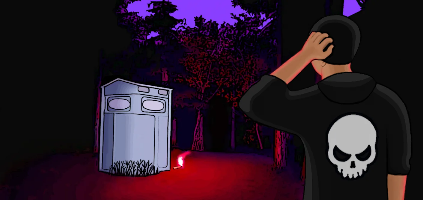 Illustration: a figure in a skull hoodie facing a glowing cabin in a dark forest